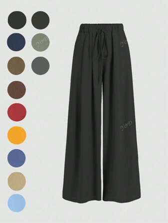 Pantalones anchos de cintura elástica y cordón en unicolor para mujer, para primavera/verano, para uso casual y de oficina
