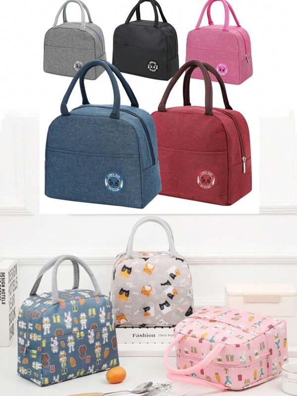 Cationic Series Waterproof Insulated Lunch Bag, Thick Oxford Cloth Thermal Bento Box Bag, Multi-Colors Available, Insulation Bag For Office Worker Or School Student, Large Capacity Teddy Bear Pattern Insulated Lunch Bag With Aluminum Foil, Cute Cat And Rabbit Design