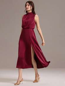 EVERPRETTY Váy dự tiệc cưới màu đỏ tía cổ điển quyến rũ bằng vải satin bóng thanh lịch dành cho nữ, không tay, cạp chun, xẻ tà bên hông, có túi, váy trang trọng dài đến giữa bắp chân, phù hợp cho tiệc cưới, sinh nhật, tiệc tối, váy phù dâu - Màu Đỏ Sâu - Xem 5