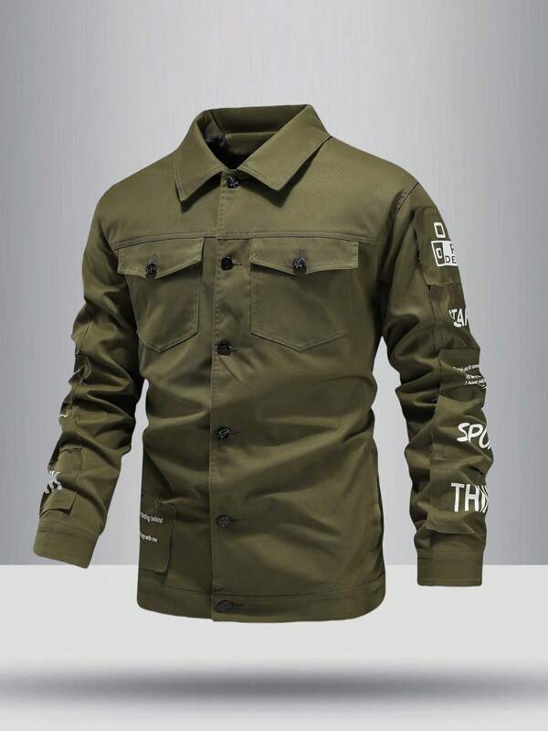 1 pieza Chaqueta cortavientos con estilo deportivo para hombres, con estampado de letras de moda, prenda exterior de manga larga de poliéster