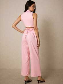 conjunto dama de camisa manga corta con cinturon y pantalones rectos  Liso    Elegante    Botón delantero  Bolsillo  Botón - Rosa - Ver 3