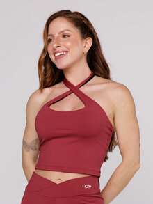 LOT FITNESS Women's Wine Fitness Set Top With Various Ties And Leggings With Crossed Waistband Gym Pace Up Collection - 酒紅色 - 查看 5