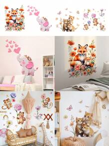 1pc/1set 2pcs Cartoon Elephant, Heart, Fox, Floral Wall Sticker For Living Room, Bedroom Decor, Self-Adhesive Wall Decal