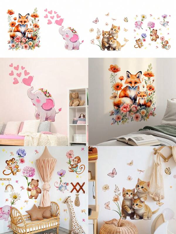 1pc/1set 2pcs Cartoon Elephant, Heart, Fox, Floral Wall Sticker For Living Room, Bedroom Decor, Self-Adhesive Wall Decal