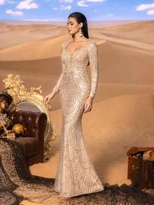 Faeriesty Haute Glamour Elegant Glamorous Beaded Mermaid Gown With Sweetheart Neckline & Pearls Detail – Long-Sleeved Sheer Fabric Design For Luxury Gala Events & Red Carpet Glamour