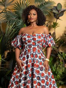 Große Größen Damen Off-Shoulder Laternensteck-Kleid mit A-Linie, zufälligem Muster und Blume Muster, fließende Silhouette - ideal für lässige Unternehmungen, Wochenendtrips, Strandurlaube, Sommerspaziergänge und Outdoor-Abenteuer - Rot-violett - Übersicht 8