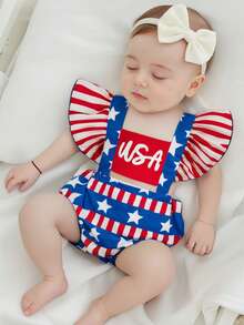 Baby Girl 4th Of July Romper Star Stripe Print Flying Sleeve Square Neck USA Jumpsuit With Bow Headband Newborn Infant Independence Day Clothes - Red - View 4