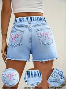 Teen Girls Versatile Fashion Casual Bow Embroidery Frayed Hem Elastic Waist Blue Denim Shorts, Spring/Summer - Blue - View 8