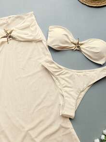 女士抹胸比基尼，带金属海星，三件套泳衣套装，适合海滩度假