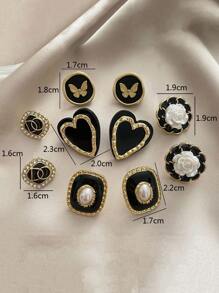 Set de 5 pendientes de mariposa y flores redondos vintage en negro, diseño minimalista y único, adecuado para uso diario y ocasiones, otoño/invierno