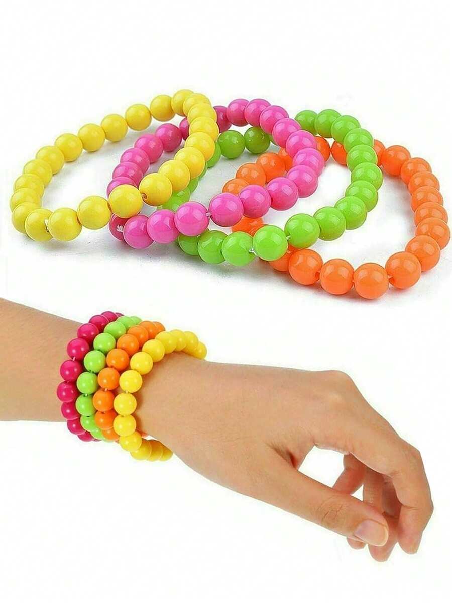 4pcs-Neon Beaded Bracelet 80s Jewelry Party, 80s Women Costume Accessories Set, Prom Beaded Chains Fancy Dress Accessories For Women, Women 1980s Retro Neon Party Street Hip Hop Beaded, Bracelet , Suitable For 70s 80s Costume Party, Halloween Party Accessories - Multicolor - View 1