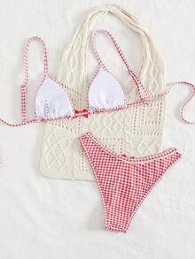 两件套格子优雅蝴蝶结系带比基尼泳衣，适合女性，可用于海滩、度假、派对、舞台表演、音乐会和夏季假期等场合。 - 紅色 - 查看 3