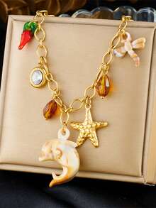 1 Stück kreativ und personalisiertes Meereslebens-Accessoire, inklusive Muscheln, Jakobsmuscheln, Seesterne, Krabben, Schildkröten, herzförmiger Mondanhänger, Kette, Edelstahl-Halskette