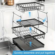 3 Tier Kitchen Dish Drying Rack - Large Capacity Carbon Steel Organizer With Removable Drainage, Multi-Layer & Basket Design For Dishes, Bowls, Utensils, Space Saving, Great Housewarming & Christmas Gift, Utensil Holder