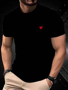 Men's Black With Red Heart Print T-Shirt, Polyester Round Neck Short Sleeve T-Shirt, Casual Street Wear, Loose Fit, Plus Size - Multicolor - View 4