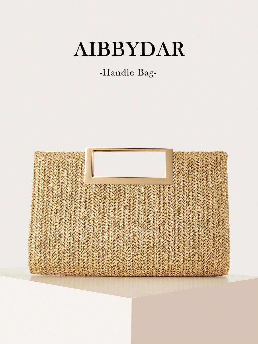 AIBBYDAR 女款卡其色時尚編織手提包，度假海灘通用斜挎包，休閒極簡風，海灘度假必備 - 卡其色 - 查看 1