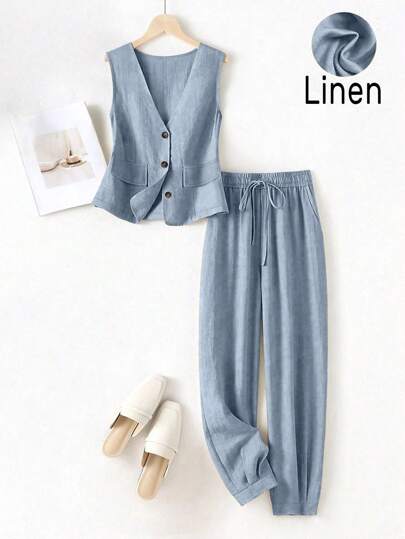 Women's Casual Vacation Linen Blazer, Vest And Pants Set, Spring/Summer