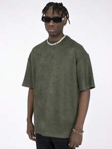 MT99 American Vintage Heavy Suede Basic Short Sleeve T-Shirt, Loose Fit, Solid Military Green - Army Green - View 1