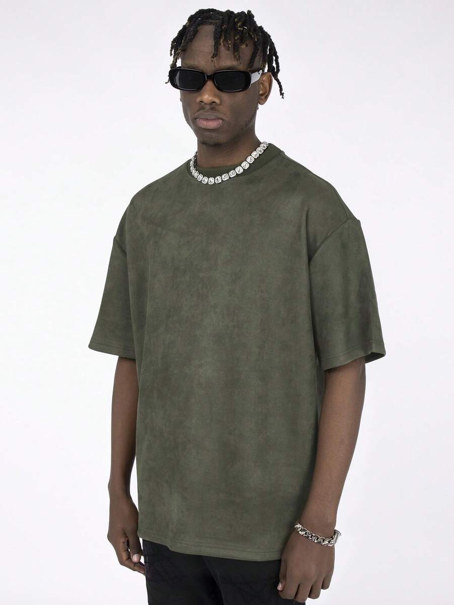 MT99 American Vintage Heavy Suede Basic Short Sleeve T-Shirt, Loose Fit, Solid Military Green - Army Green - View 1