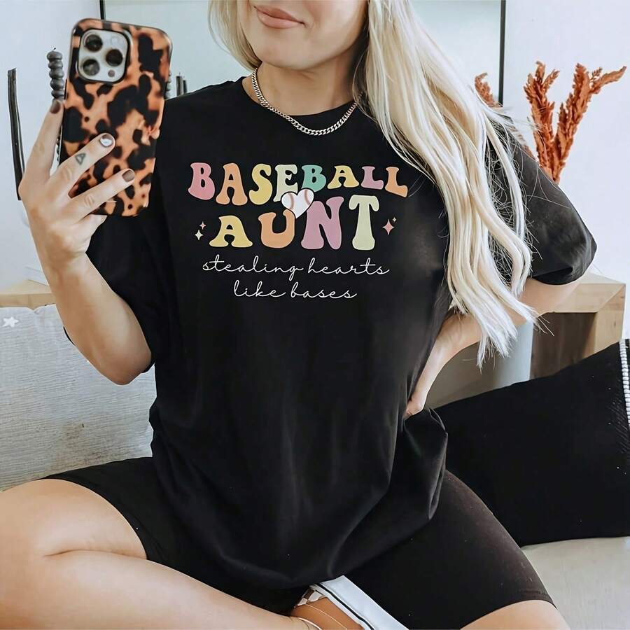 Baseball Aunt  Cool Aunt  Baseball  Baseball Lover Gifts Auntie  Great Aunt Gifts  Aunt From Niece Cool Aunts Club_T-Shirt For Women, 220g High-Quality Pure Cotton T-Shirt With Minimalist Printing, Soft And Breathable Fabric, Comfortable And Loose, Suitable For All Day Wear, Suitable For Office Casual Wear, Spring And Summer Daily Appearance, Elegant And Youthful Design - Black - View 1