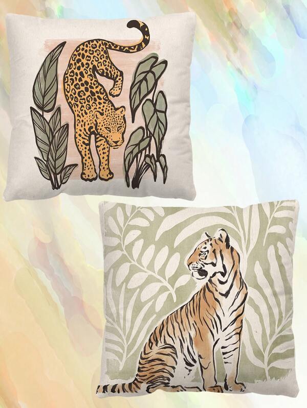 2pcs Animal Leopard & Tiger Style Forest Pattern Decorative Throw Pillow Covers, Alphabet Print Square Pillow Cases Without Filling, Cute Cushion Covers, For Sofa, Living Room