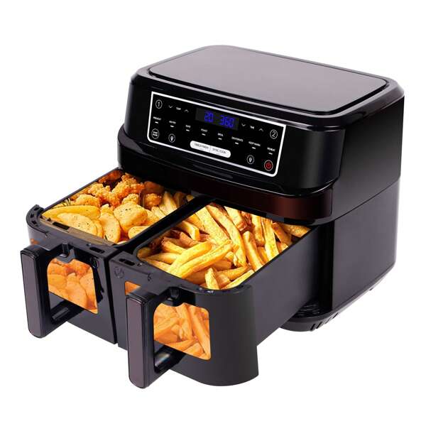 Emphsism Friggitrice ad aria calda 2 camere con finestra di visualizzazione | Friggitrice ad aria 10L 2 camere con 2 cassetti da 5L, friggitrice ad aria Dual Zone 8 programmi Touchscreen, friggitrice ad aria calda a doppia camera Cottura a basso contenuto di grassi senza olio