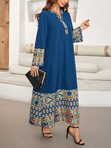Printed Patchwork V-Neck Elegant Mid-Length Sleeve Midi Dress, Modest Kaftan - Blue - View 2
