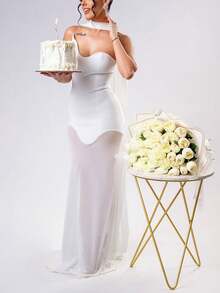 Women Solid Valentine Dress Bodycon Bandage Dress Strapless Mesh Maxi Dresses,Sexy Backless,See Through,Elegant Dress With Scarf,Celebrity Evening Runway Party Dresses, Women Evening Gown,Christmas Dress,New Year Dress For Women