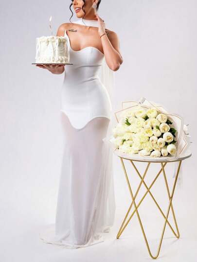 Women Solid Valentine Dress Bodycon Bandage Dress, Strapless Mesh Maxi Dress, Sexy Backless See Through Celebrity Evening Runway Party Dress, Women Evening Gown, Wedding Guest Dress, Formal Dress