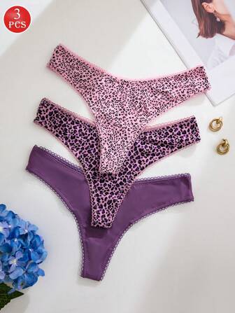 3pcs Women Leopard Print Low Waist Thong Panties