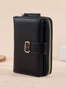 新款蝴蝶扣单拉链纽扣钱包大容量多卡位钱包女清新纯色钱包黑色钱包迷你钱包零钱包男士钱包真皮小钱包可爱钱包 - 黑色 - 查看 9