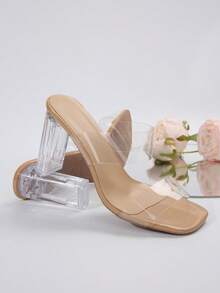Women's Transparent PVC Sexy Elegant Crystal Heel Mules, Chunky High Heel, Open Toe Sandals, Summer - Apricot - View 6