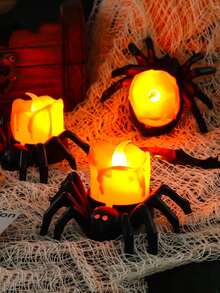 4/2/1Pack Halloween Spider Tea Lights, Novelty LED Flameless Spider Candle Holder Lamp Battery Operated Orange Tea Light For Halloween Party Table Home Spooky Decoration, Thanksgiving Decoration, Halloween Decoration, Fall Decoration, Harvest Festival Decoration, Room Decoration, Bedroom Decoration,Halloween Decor