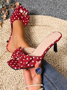 Spring/Summer Women's Square Toe High Heel Bowknot Dress Sandals, Sexy Open Toe Slide Sandals - Red and White - View 2