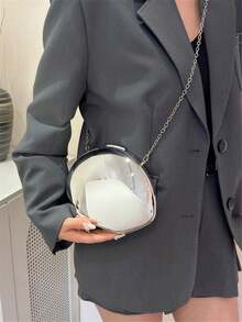 1pc New Fashionable Personalized Golden Acrylic Shell Clutch, Elegant Glittering Elliptical Evening Bag, Luxury Hard-Case Box-Shaped Bag With Metallic Electroplating Shiny Surface, Chic Party Bag With Removable Metal Chain Strap, Suitable For Wedding And Party, Gift For Women - 銀色 - 查看 4
