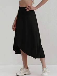 Mid-Length Asymmetrical Hem Skirt, Black High Waist Skirt Design, Plus Size Flattering Umbrella Skirt