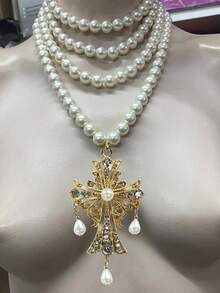 1pc Layered Faux Pearl Elegant Metal Multi-Color Cross Beaded Hollow Tassel Necklace For Women, Fashion Accessory For Daily, Party And Gift - Multicolor - View 4