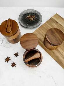 1 件红木单层盐盒调味罐带盖和勺子，厨房储物容器 - 棕色 - 查看 5