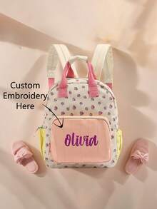 Presente de Volta às Aulas para Meninas - Mochila Fofa Personalizada com Estampa de Morango, Nome e Letra Bordados, Bolsa de Viagem Multifuncional - Multicolorido - Visão 1