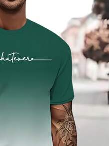 Set de 2 piezas de atuendo casual de verano para hombre, camiseta de manga corta con estampado degradado + shorts deportivos con cordón, ropa deportiva de entrenamiento al aire libre con cuello redondo
