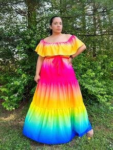 Hourglow Cardis.Ego Plus Ombre Off Shoulder Ruffle Hem Belted Dress Maxi Women Outfit, For Hourglass Body Shape - Multicolor - View 6