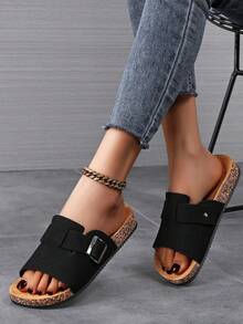 Sandals For Women Fashion Summer Women's Print Thick-Soled Slippers Beach Slides Female Flat Slippers Adjustable Straps Buckle Slippers Home Student Slippers - Black - View 4