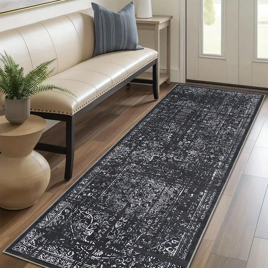 1 件复古做旧波西米亚风格长条地毯，1000 克天鹅绒 + 300 克圆点底组合地毯，经典美式花卉图案地毯，适用于客厅、卧室、厨房、浴室、洗衣房、走廊、入口、游戏室、男孩房、四季装饰垫、家居装饰 - 淺灰色 - 查看 1