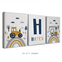 Customized Canvas Wall Art - Custom Nursery Boy Wall Art, Construction Wall Decor, Tractor And Truck Prints, Custom Name, Gift For Baby Boy, Set Of 3 , Custom Name & Number - Optional Frame, High-Quality Material, Unique Gift Idea, Decor Gifts Birthday Graduation Home Decor Back To School Room Decor School Supplies