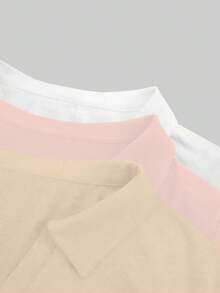 3pcs Women's Casual Fitted Butterfly Print Detail Minimalist Plain Color Pleated Polo Collar Short Sleeve T-Shirt Set - Apricot, Pink and White - View 3