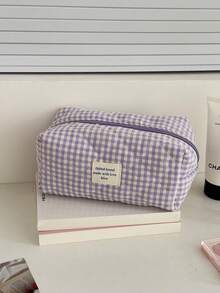 Nécessaire grande acolchoada xadrez roxa (1 unidade), bolsa de maquiagem portátil e moderna, nécessaire de viagem feminina, bolsa multifuncional para guardar batom, absorvente higiênico, moedas, chaves, presilhas de cabelo, elásticos de cabelo, nécessaire charmosa, organizador de viagem para maquiagem, presente para o Dia das Mães, presente de volta às aulas, presente de Ano Novo - Roxa - Ver 4