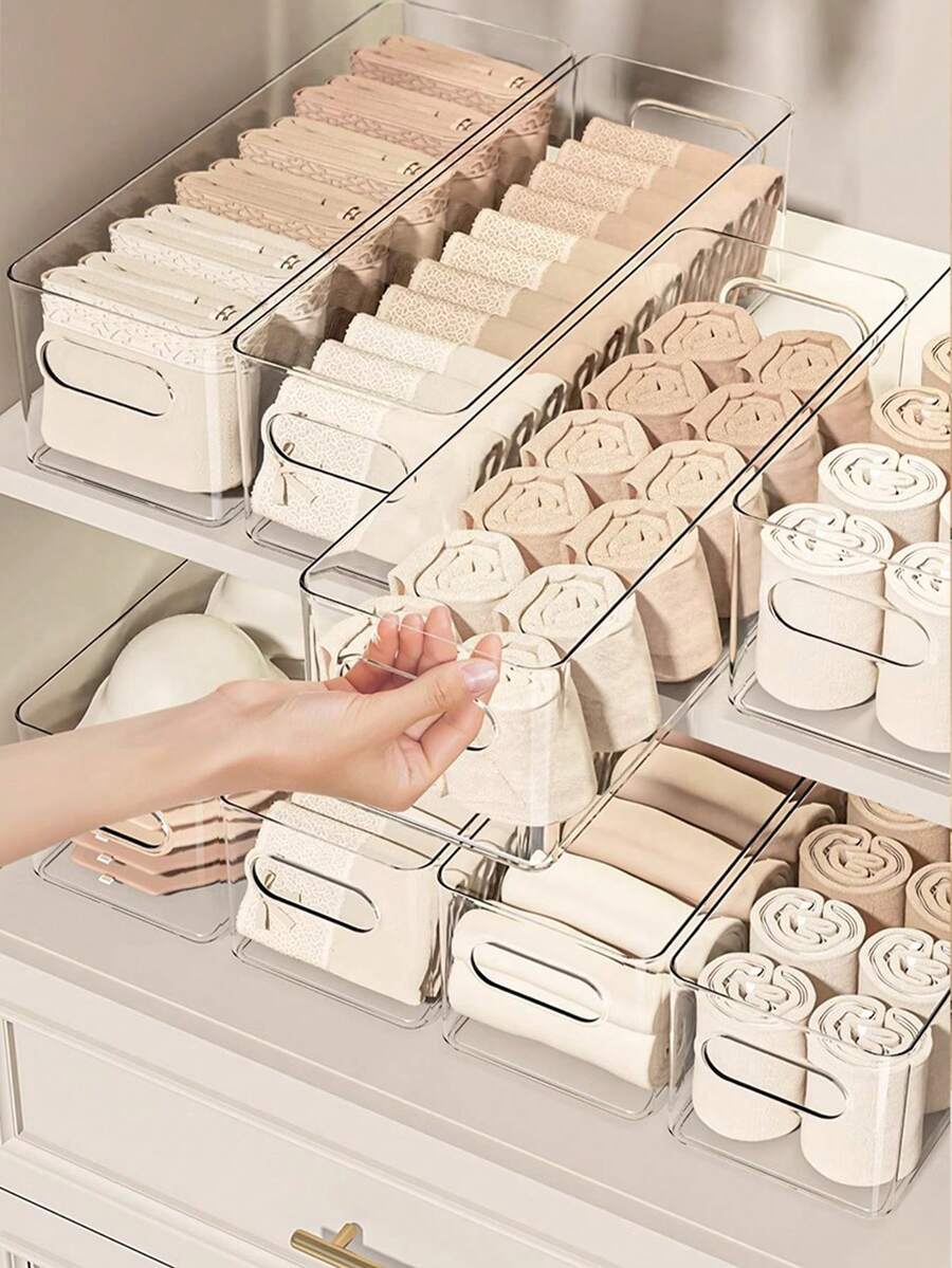 1 Pack Of 2pcs/1pc Desktop Clear Storage Box, Home Organizer For Underwear, Socks, Miscellaneous Items, Cosmetics, Kitchen, Refrigerator - Clear - View 1