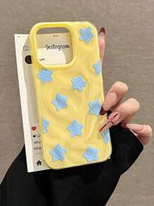 Korean Y2K Blue Grid Pattern Star Wrinkle Pattern Phone Case Compatible With IPhone 16 Pro Max 14 15 Pro 13 12 11 Plus Soft Cover Shell