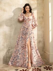 Faeriesty 印花优雅花卉印花长裙，修身紧身胸衣和甜心领口 - 主教袖和深 V 形背部细节，适合花园派对、户外婚礼和春季庆典 - 珊瑚粉 - 查看 9