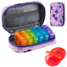 Serfeymi Organizador de pastillas para viaje de 7 días - Estuche semanal portátil AM/PM para medicamentos con diseño arcoíris, estuche con cremallera de piel sintética para vitaminas, omega 3 y medicación diaria (compacto y duradero)